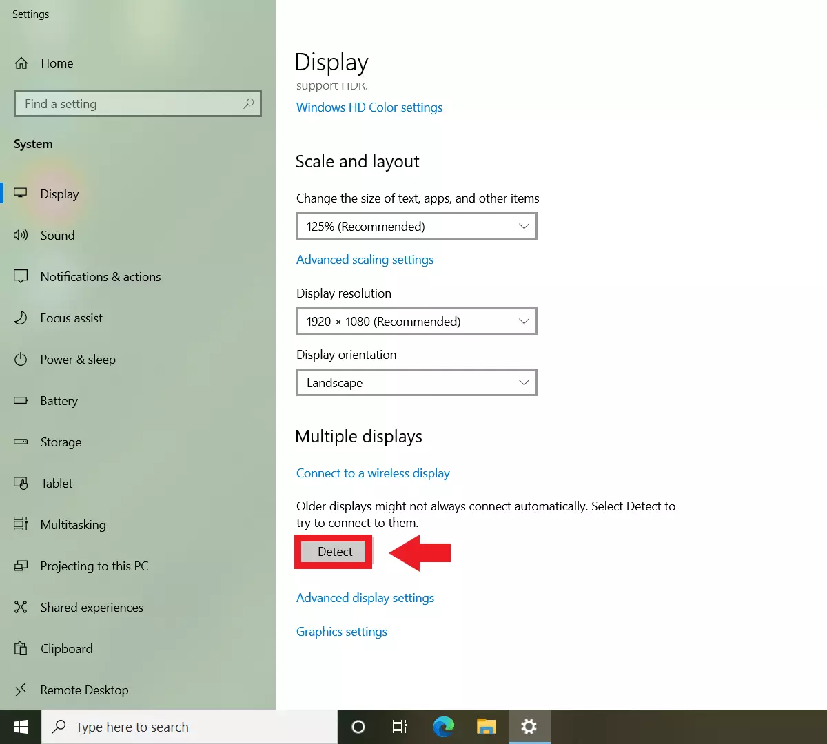 Image: Menu Affichage Windows avec l’option « Détecter » sous « Plusieurs affichages »