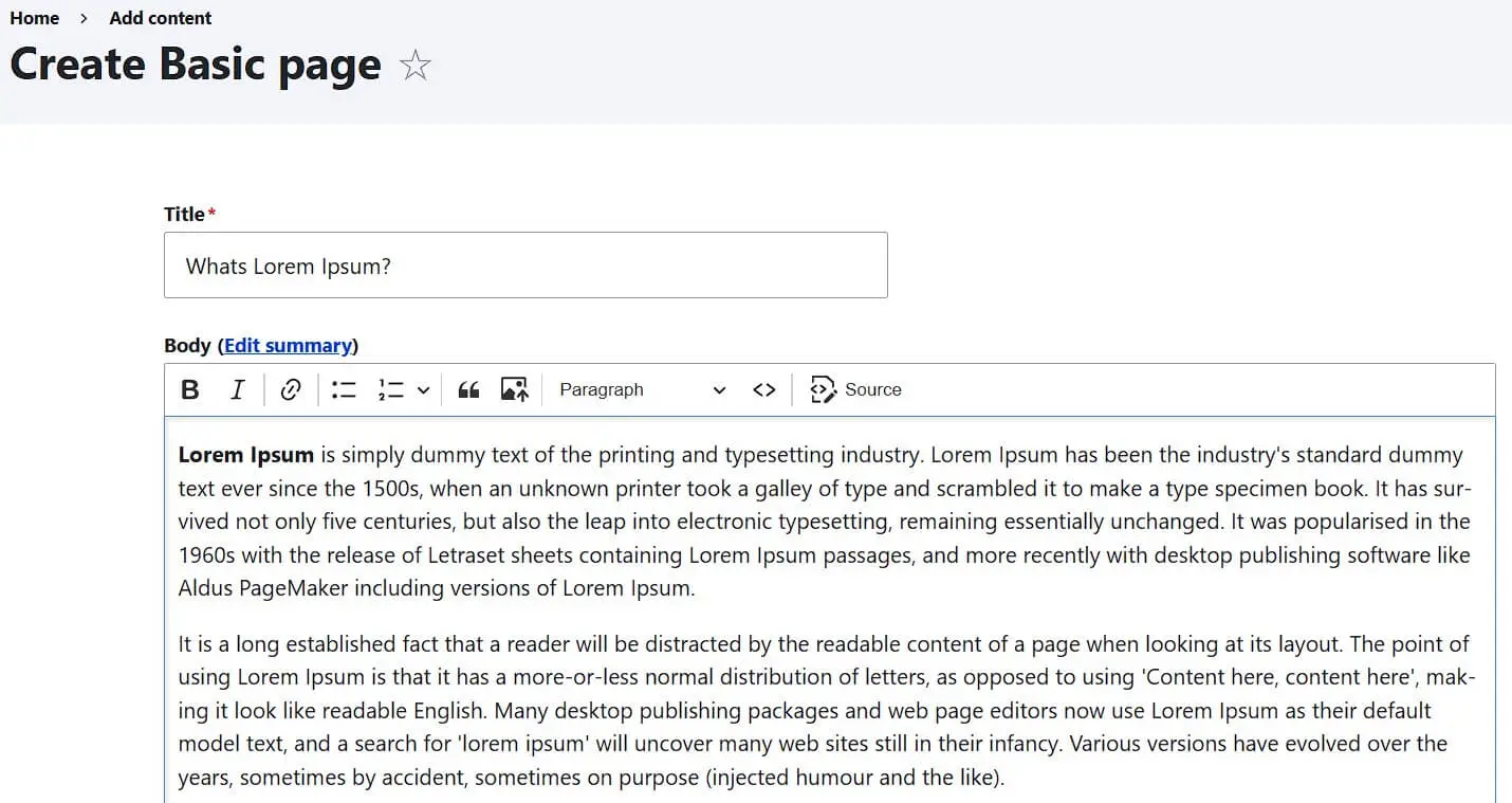 Image: Menu &laquo; Page de base &raquo; dans Drupal