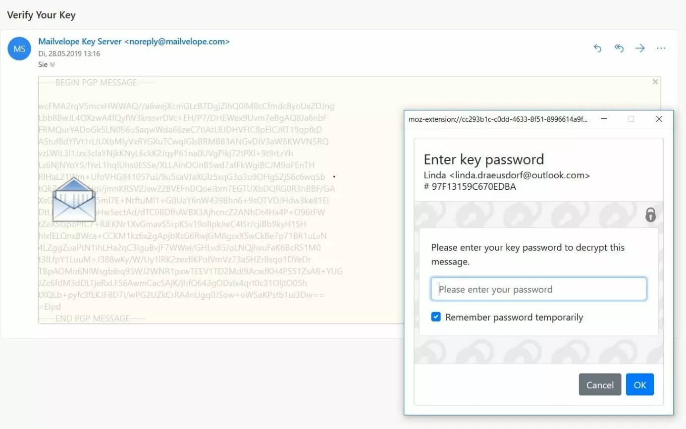 Image: Email chiffré et fenêtre de saisie du mot de passe de la clef.