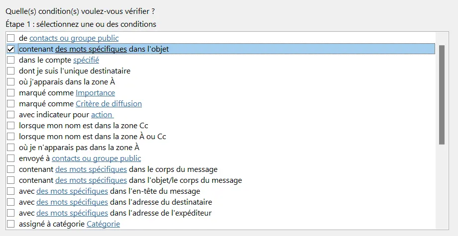 Image: Assistant de règles Outlook : sélection des conditions
