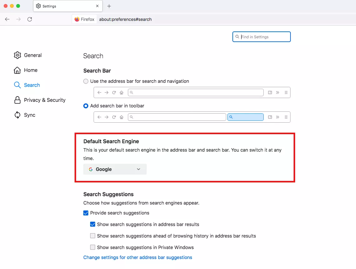 Image: Paramètres de recherche de Firefox