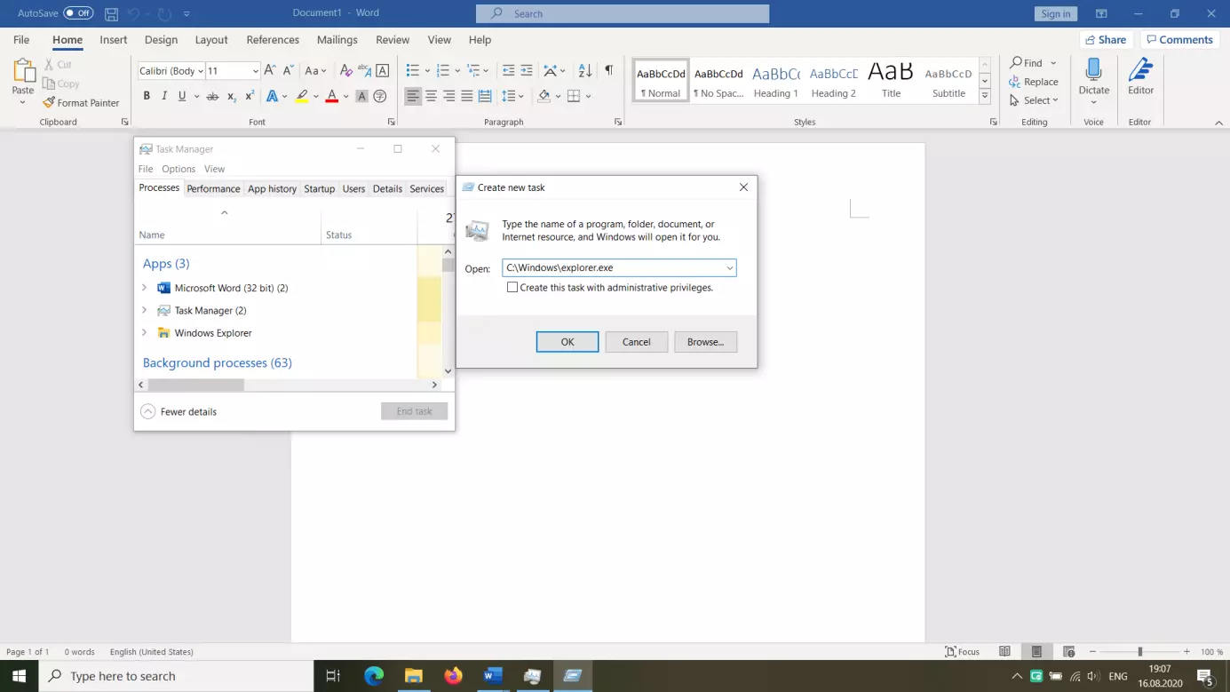 Image: Fenêtre permettant de créer une nouvelle tâche avec C:\Windows\explorer.exe
