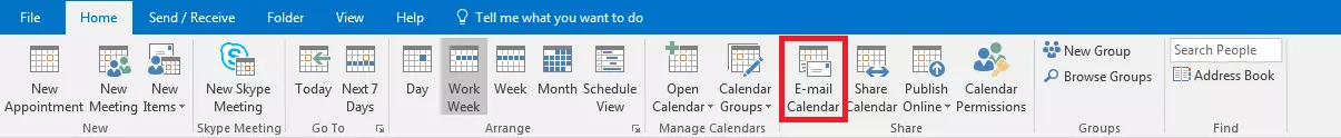Outlook : barre d’outils du calendrier dans l’onglet « Accueil ».