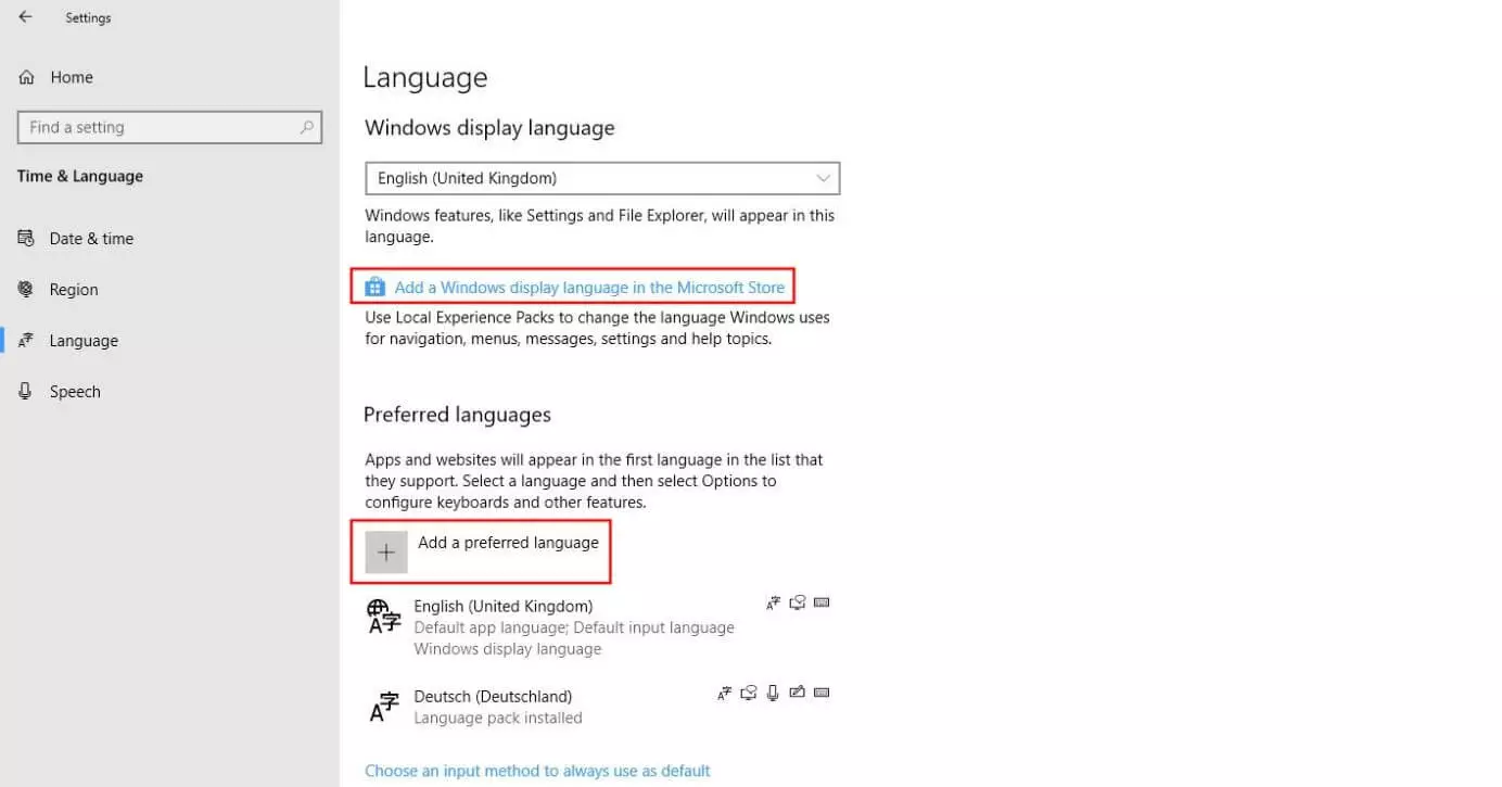 Windows 10: Menu « Langue »