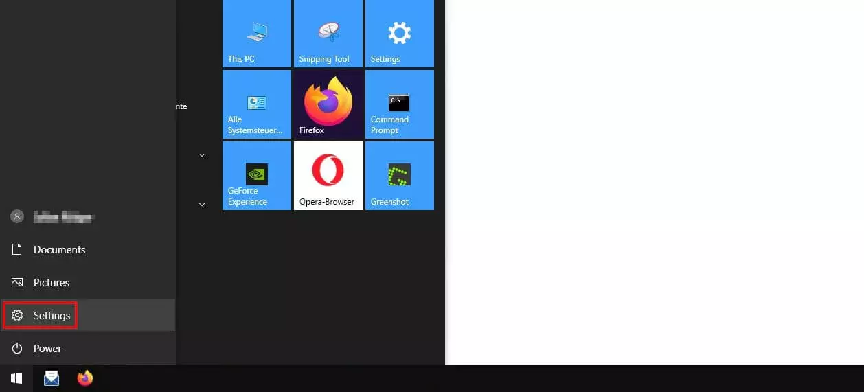 Menu de démarrage de Windows 10 : bouton « Paramètres »