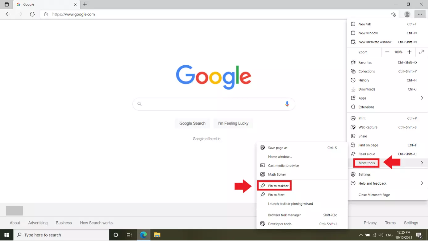 Menu du navigateur Edge : « Autres outils », « Épingler à la barre des tâches »