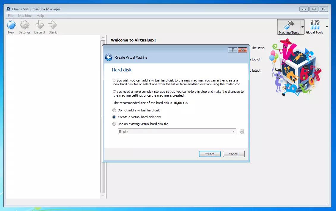 Gestionnaire Oracle VM VirtualBox : choix du disque dur virtuel