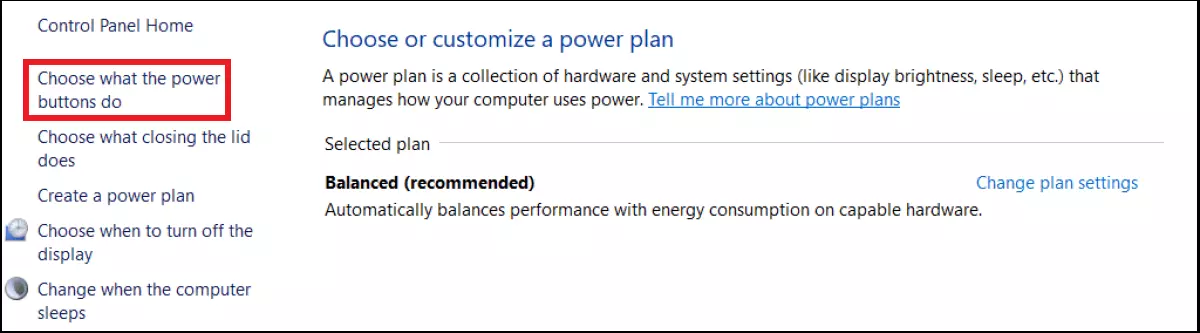 Image: Windows 10 : menu « Paramètres d’alimentation supplémentaires »