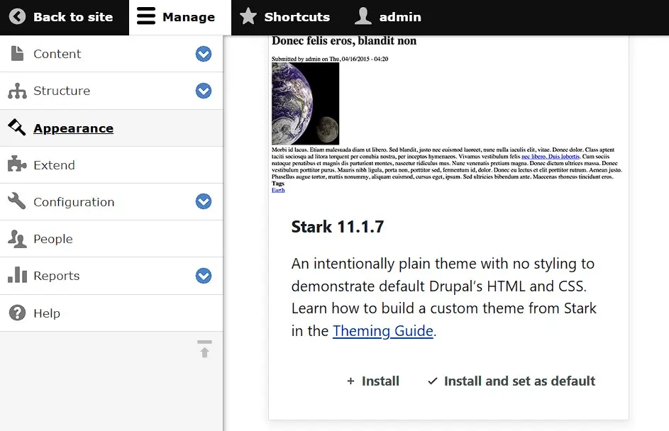 Image: Menu &laquo; Apparence &raquo; dans Drupal
