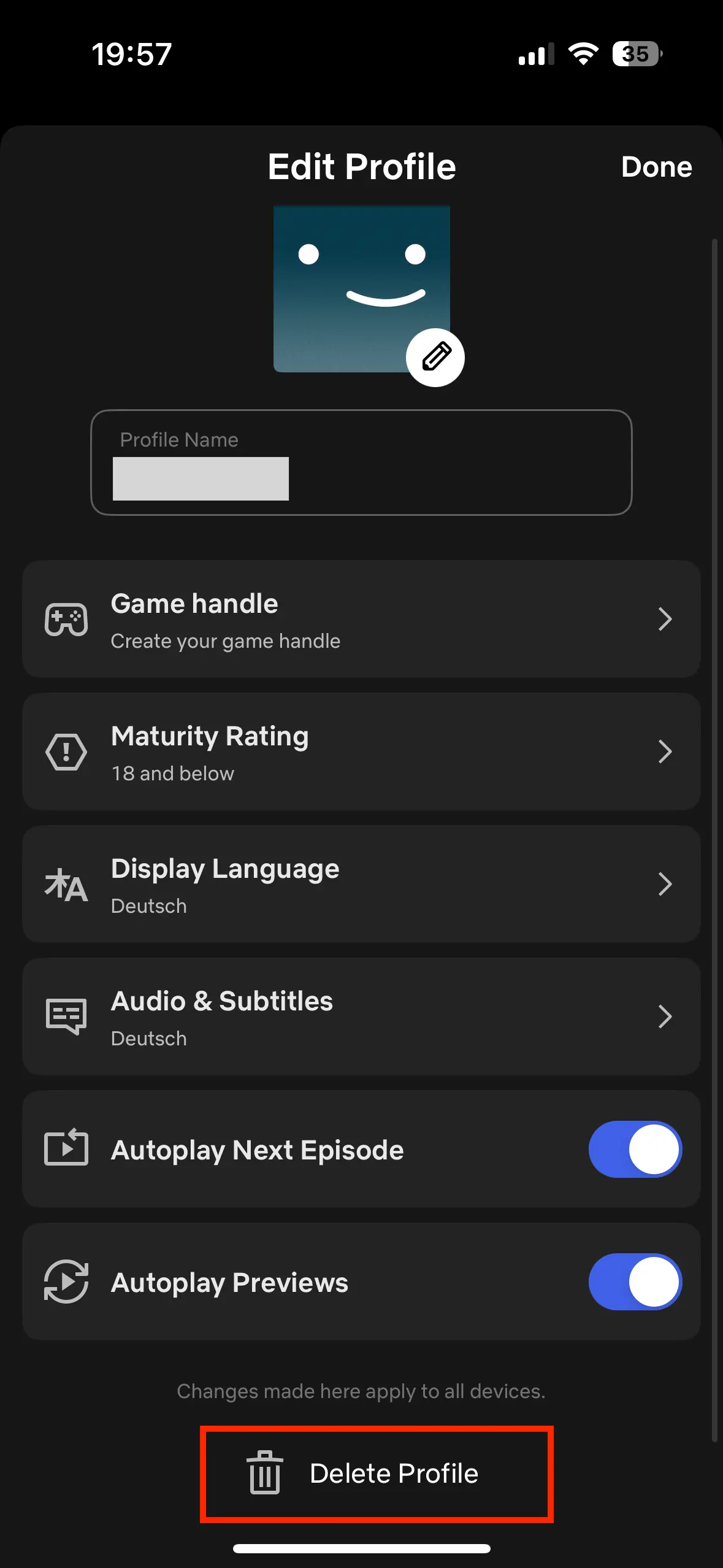 Image: Capture d’écran du menu de gestion des profils de l’appli Netflix