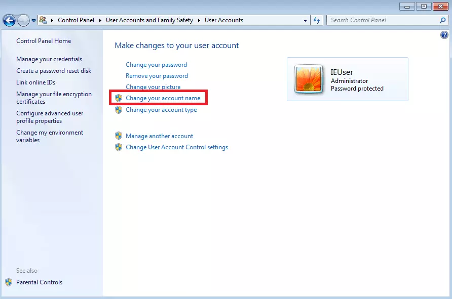 Image: Windows 7 : menu « Comptes d’utilisateurs »