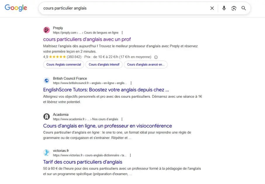 Image: Capture d&rsquo;&eacute;cran des r&eacute;sultats de recherche Google : &laquo; cours particulier anglais &raquo;