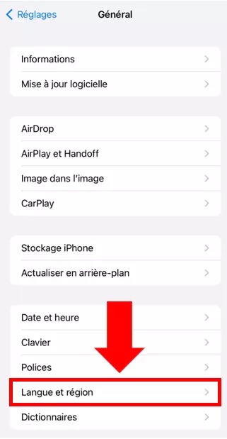 Image: Rubrique « Langue et région » dans les réglages généraux d’iOS