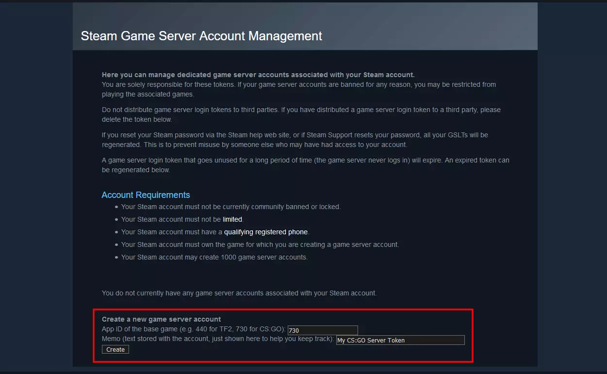 Image: Gestion du compte des serveurs de jeu Steam