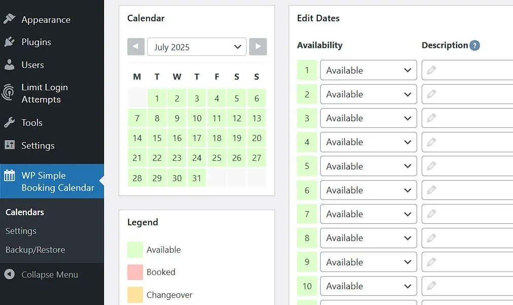 Image: Capture d&rsquo;&eacute;cran du plugin WordPress WP Simple Booking Calendar