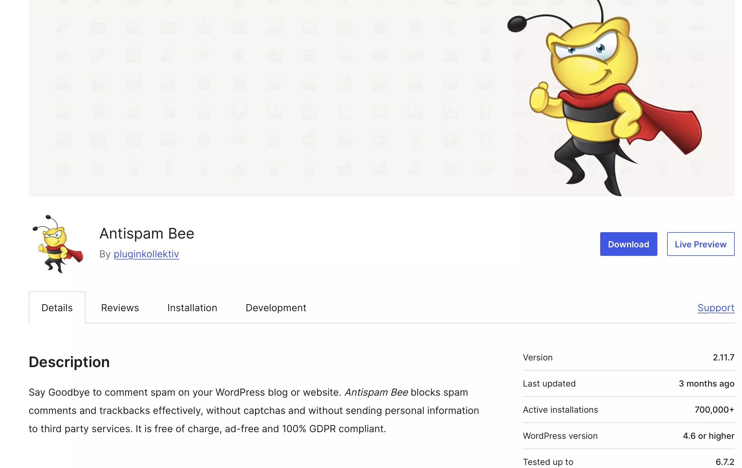 wordpress.org : page d’aperçu du plugin Antispam Bee Image: wordpress.org : page d’aperçu du plugin Antispam Bee