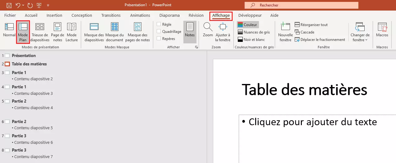 Image: PowerPoint table des matières : mode plan