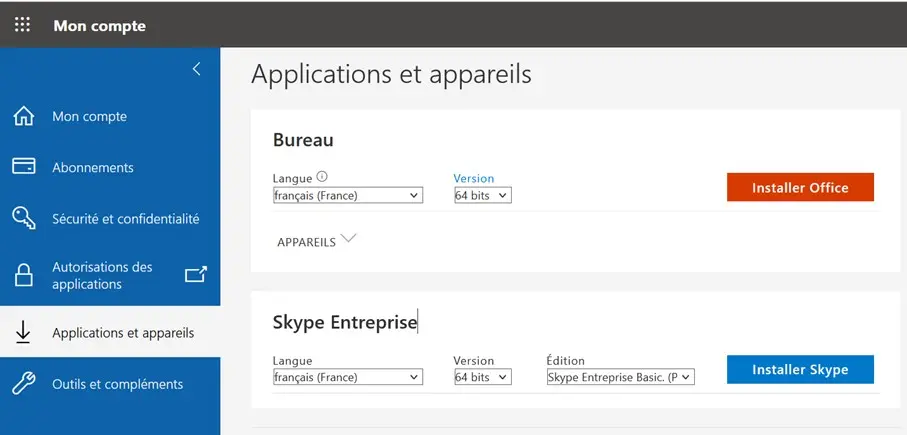 Image: « Applications et appareils » dans l’interface Microsoft 365
