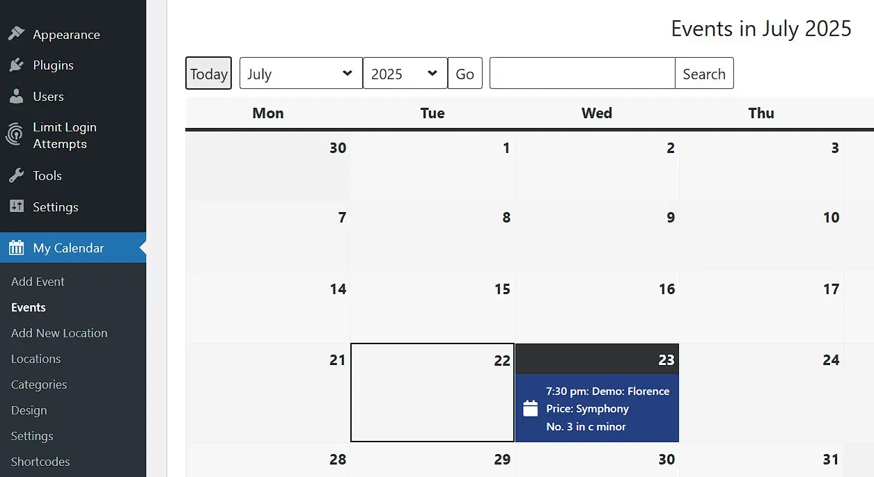 Image: Capture d&rsquo;&eacute;cran du plugin WordPress My Calendar