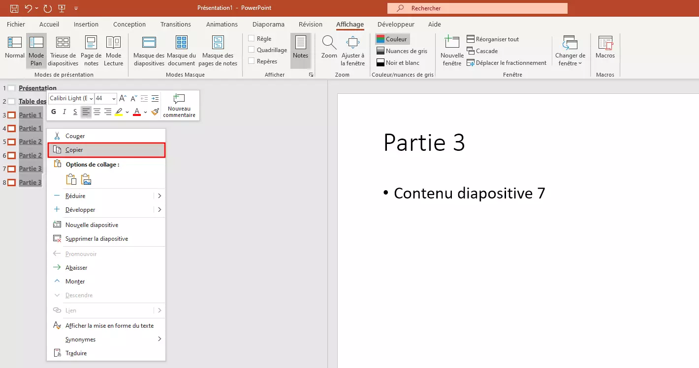 Image: Création d’une table des matières PowerPoint : copier le plan