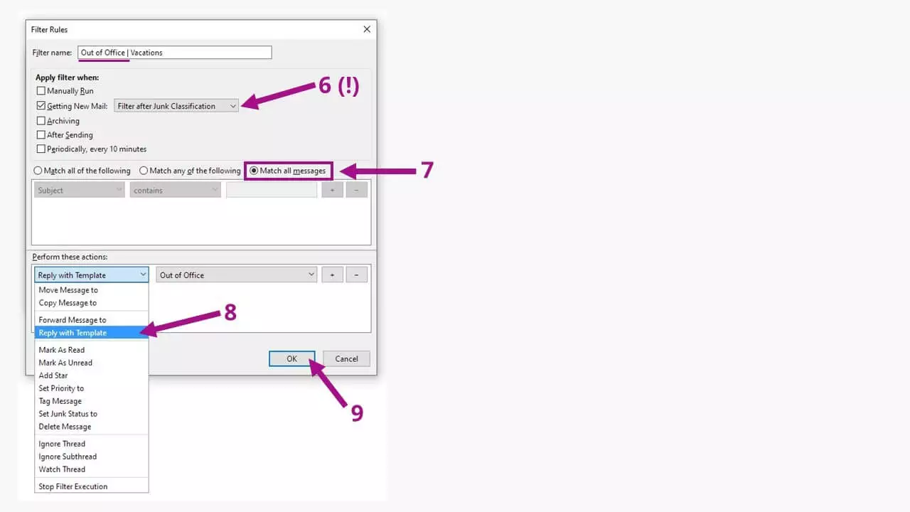 Message d’absence Thunderbird : configurer le détail des filtres.