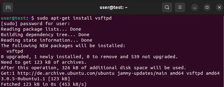 Ubuntu 22.04 : installation de vsftpd dans le terminal Image: Ubuntu 22.04 : installation de vsftpd dans le terminal