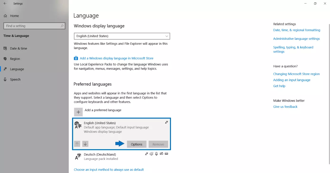 Image: Options pour le choix de votre langue préférée dans les paramètres de Windows