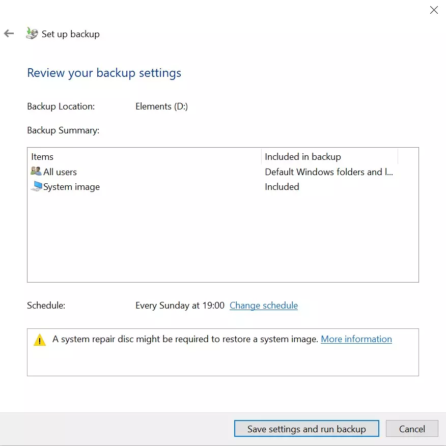Image: Paramètres de sauvegarde pour le backup dans Windows 10