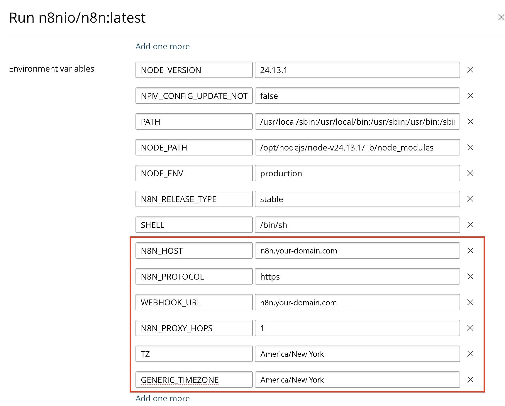 Plesk : variables d’environnement du conteneur n8n Image: Plesk : variables d’environnement du conteneur n8n