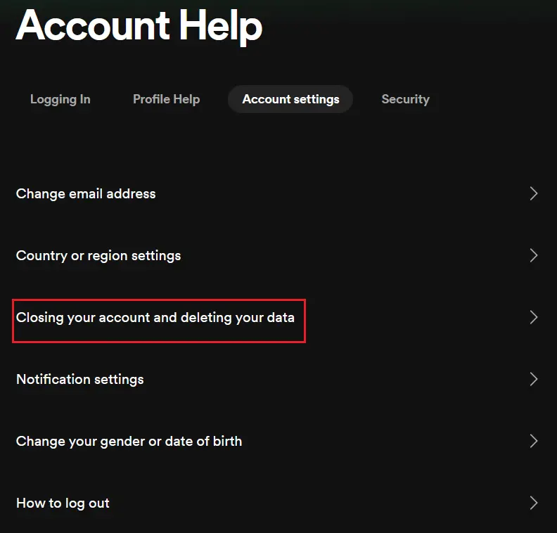 Supprimer un compte Spotify : onglet « Paramètres du compte » Image: Supprimer un compte Spotify : onglet « Paramètres du compte »