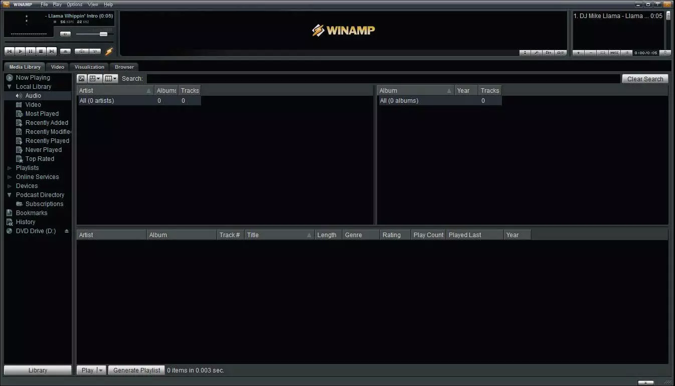 Capture d’écran de l’interface utilisateur du lecteur Winamp