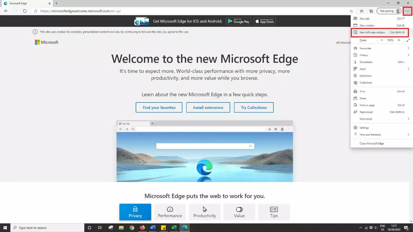 Image: Activer une nouvelle fenêtre privée dans Microsoft Edge