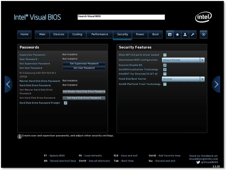 Image: Intel Visual BIOS : fonctionnalités de sécurité