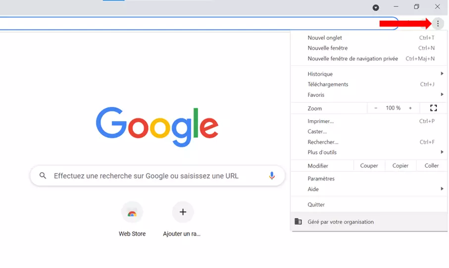 Image: Menu Chrome « Personnaliser et contrôler Google Chrome »