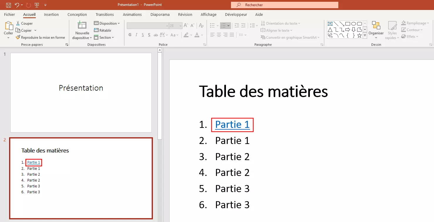 Image: Liens hypertextes standards dans la table des matières PowerPoint