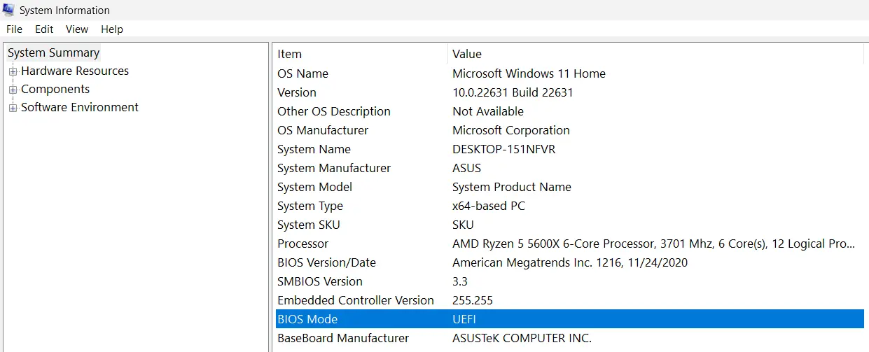 Mode BIOS dans l’aperçu système de Windows 11 Image: Mode BIOS dans l’aperçu système de Windows 11