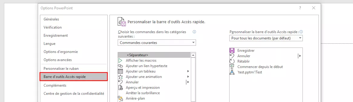 Image: Menu pour personnaliser la barre de l’accès rapide PowerPoint