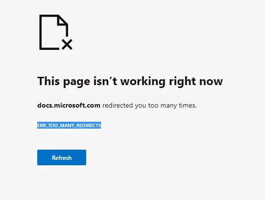 Image: Capture d’écran du message d’erreur ERR_TOO_MANY_REDIRECTS dans Edge