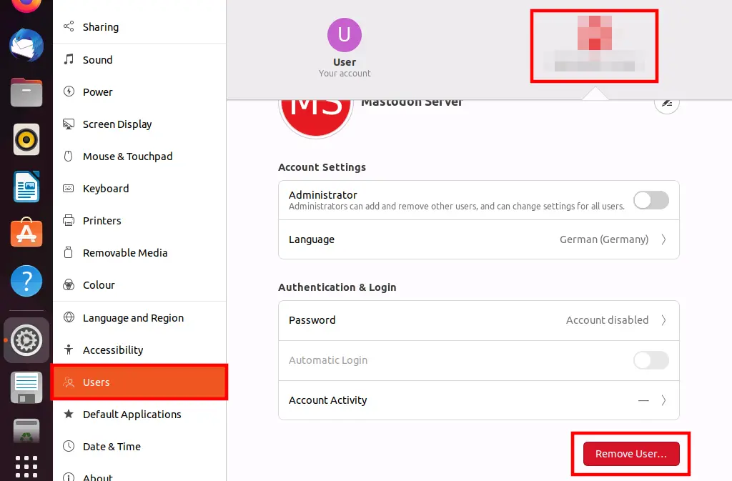 Image: Suppression d’un compte utilisateur dans l’interface d’Ubuntu