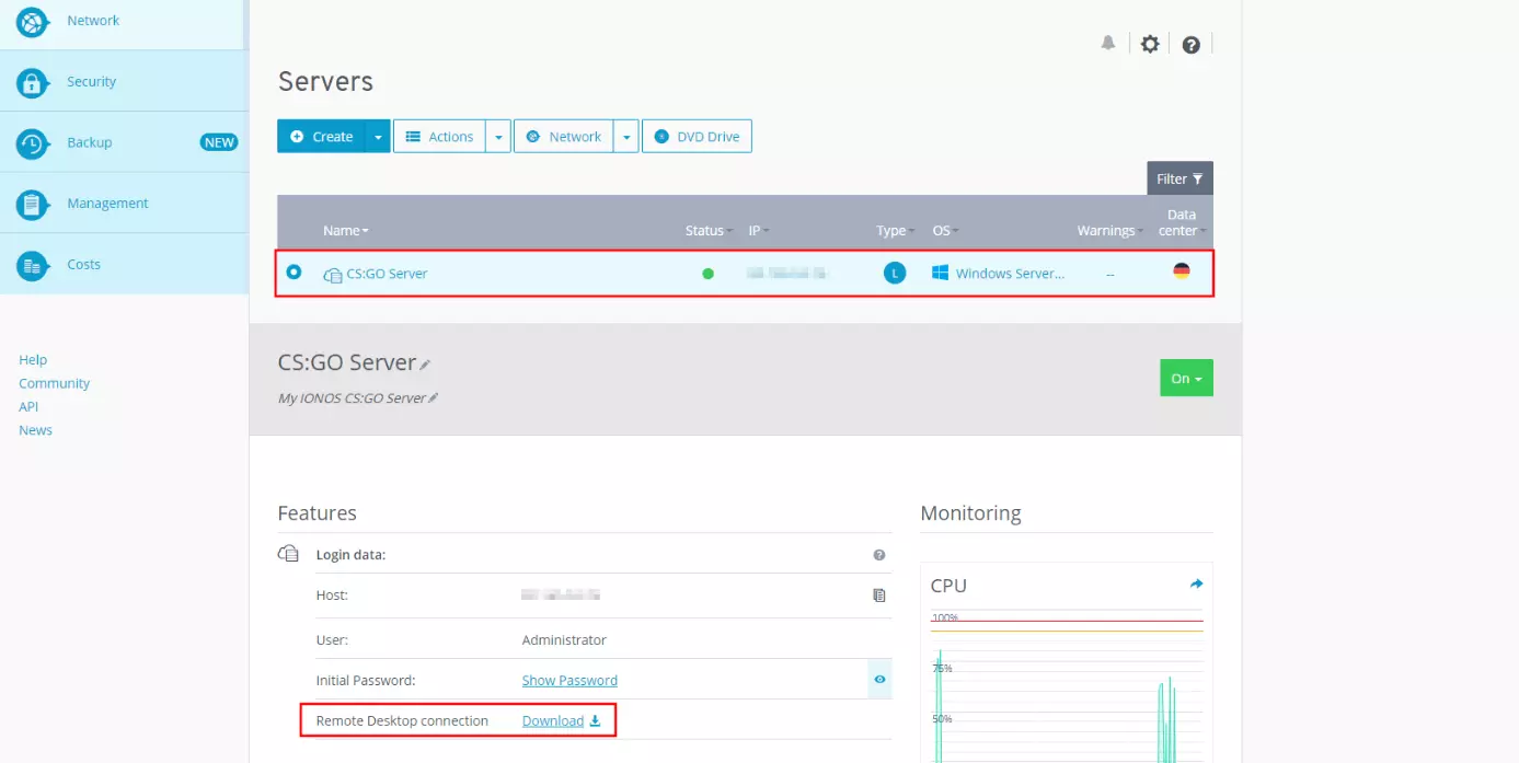 Image: IONOS Cloud Panel : Données et informations sur les serveurs