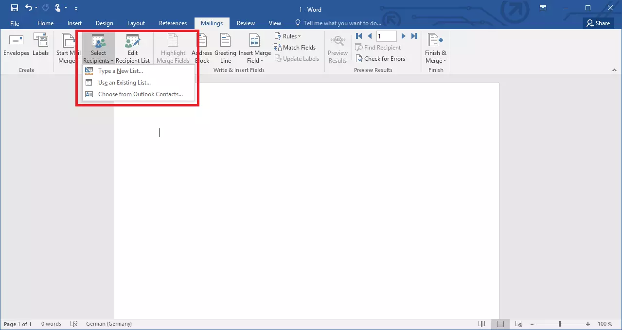Image: Bouton dans Word permettant la sélection de différentes sources de données pour le publipostage 