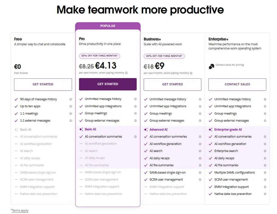 Capture d’écran des tarifs de Slack Image: Capture d’écran des tarifs de Slack