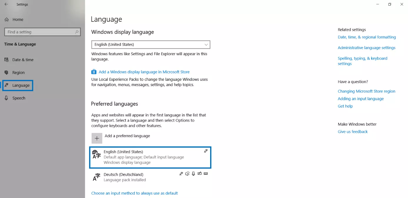 Image: Paramètres de langues dans Windows 10