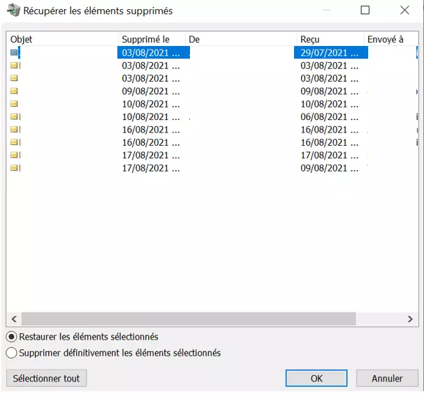 Image: Liste des éléments supprimés