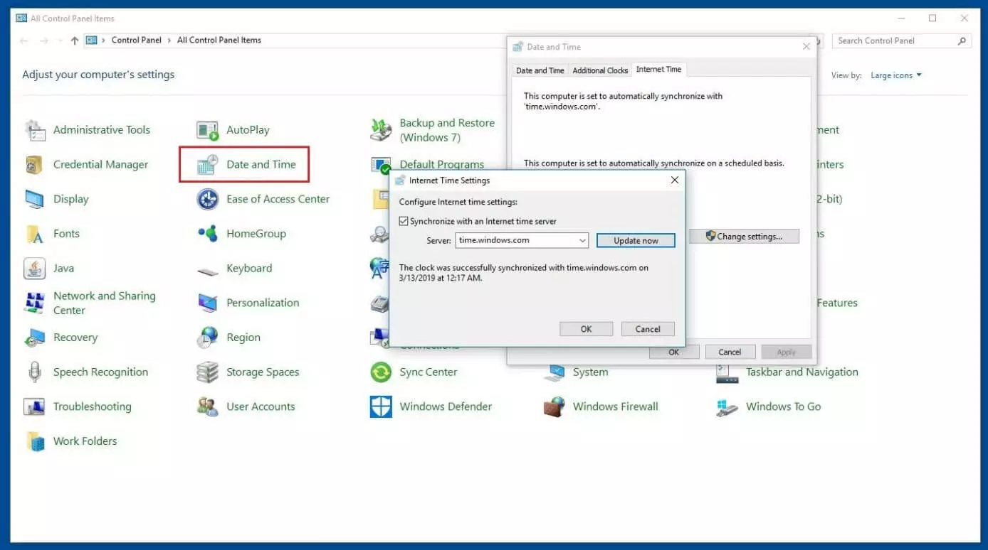 Image: Panneau de configuration Windows et menu « Date et heure »