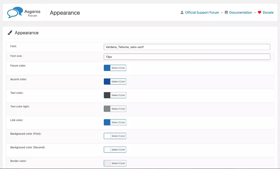 Paramètres dans le back-office pour l’apparence d’Asgaros Forum 