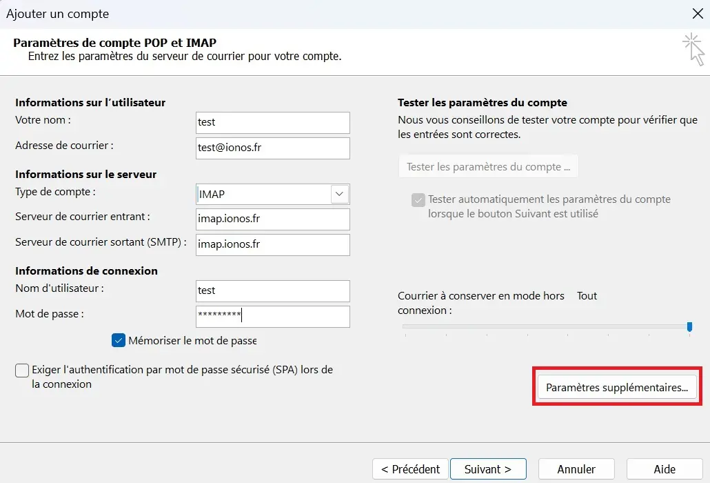 Image: Param&egrave;tres des comptes POP et IMAP dans Outlook