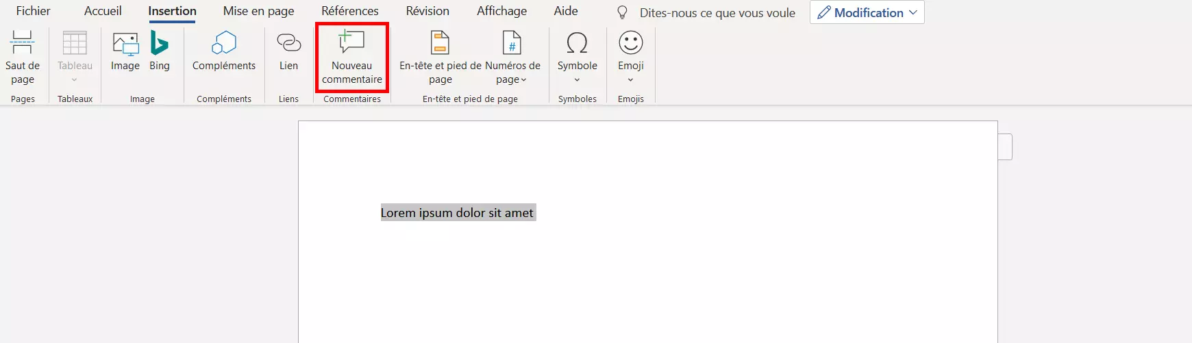 Image: Word 2016 : bouton « Nouveau commentaire » dans l’onglet Insérer
