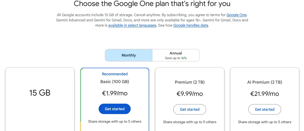 Les différents forfaits d’abonnement de Google One Image: Les différents forfaits d’abonnement de Google One