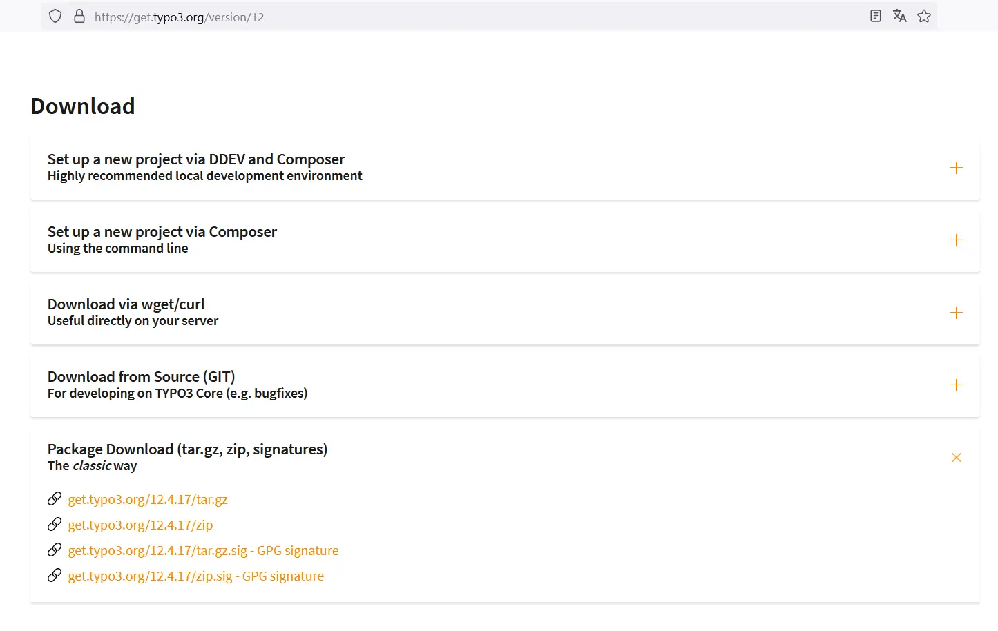 Liens de téléchargement pour TYPO3 version 12 Image: Liens de téléchargement pour TYPO3 version 12